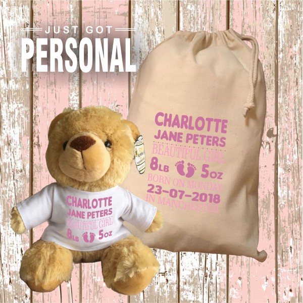 Personalised New Baby Teddy Bear With Matching Gift Bag - Baby Girl Design